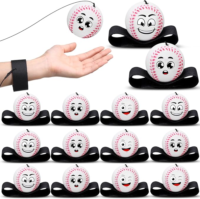 12 Pcs Wrist Return Balls on a String Face Return Sport Balls with Elastic Strap Wrist Exercise for Adults for Fun Outdoor Activity Sports Team Gifts (Baseball)