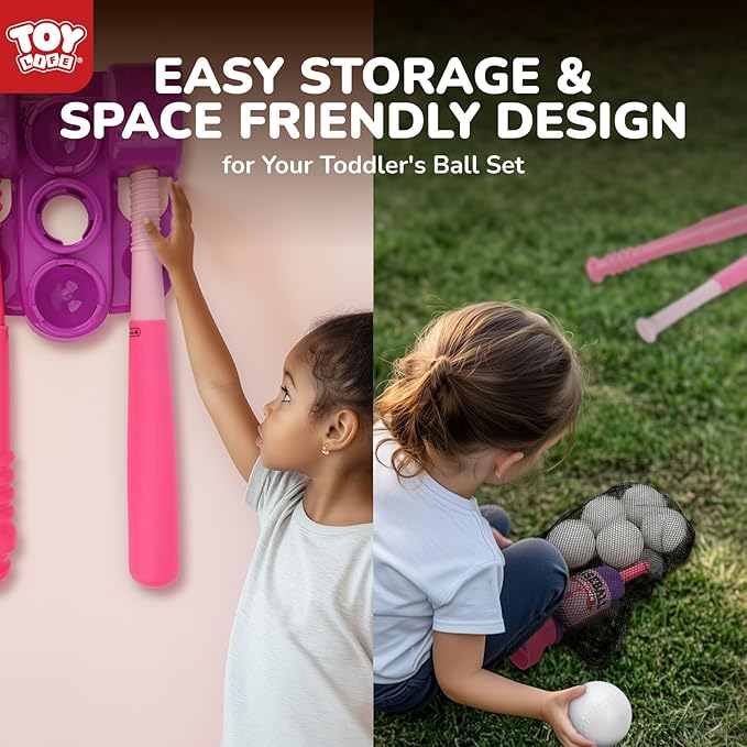 TOY Life T Ball Sets for Kids 3-5, Baseball Set for Toddler Girls, TBall Stand with Ball Launcher and 6 Teeballs, Indoor/Outdoor Sport Toys Gifts for Girls, Pink
