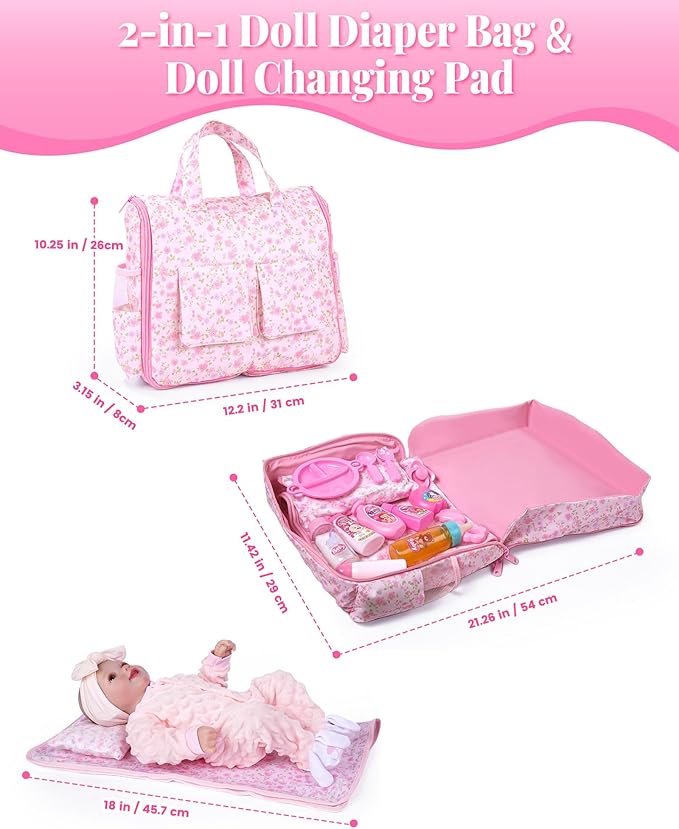 BABESIDE 10 Pcs Baby Doll Diaper Bag Set – Reborn Baby Doll Accessories with Changing Pad, Feeding Bottles, Care Set– Diaper Bag Toys for Baby Dolls up to 21 Inches, Gift for Girls Ages 3 and Up