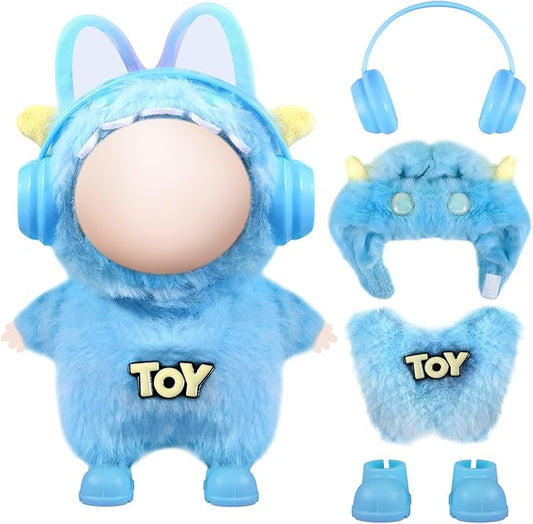 17cm Doll Clothes Set for Labubu Dress Up,Cute Outfit ,4 Piece Hat Overalls Headphones Shoes Dolls Clothing Accessories(NO Doll) (Blue)