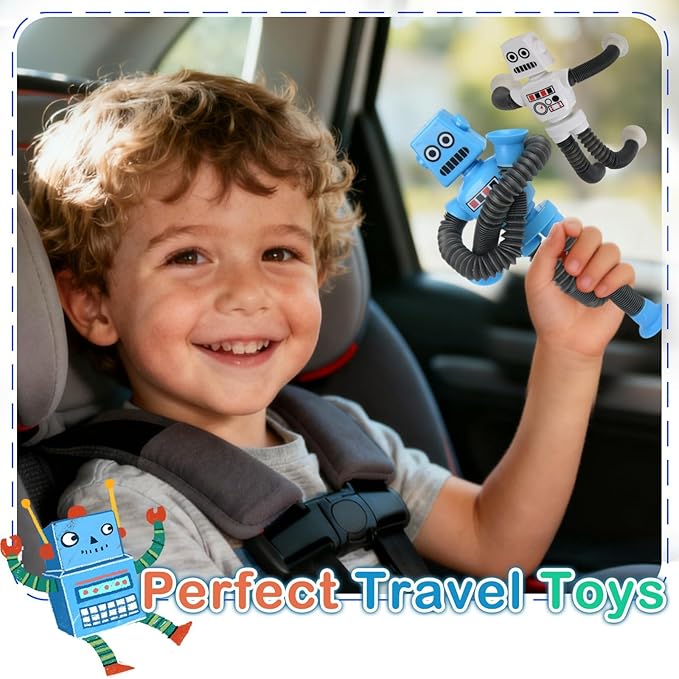 Pop Tubes Fidget Toys, 4-Pack Telescopic Suction Cup Toy for Kids Toddlers, Animal Autism Sensory Toy for Grandkids, Funny Stocking Stuffers for Christmas Birthday Gift (Robot)