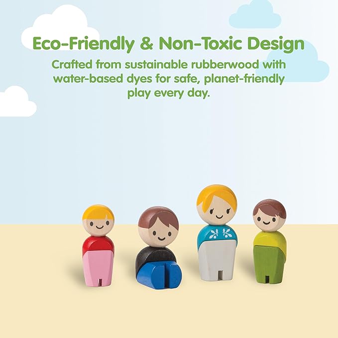 PlanToys® Family Wooden Dollhouse Figurine Set | 4 Poseable 1:12 Scale Mini Dolls (Parents & Kids) | Dollhouse Accessories for Pretend Play | Eco-Friendly Montessori Toy for Kids Ages 3+