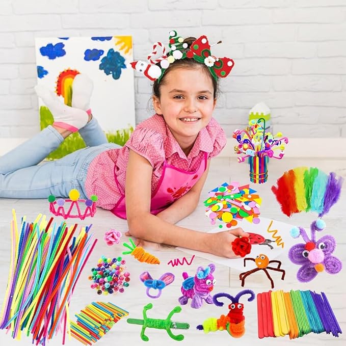 Craft Kids Art Supply Set, with Foam Pom Poms, Craft Sticks, Artificial Roses, Googly Eyes, Rainbow Colors, Perfect for Children Activities and DIY Projects
