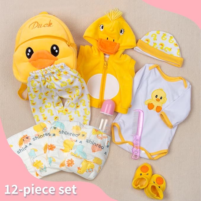 Reborn Baby Doll Clothes 17 inch Yellow Duck Outfits for 16-18 Inch Reborn Baby Doll Diaper Reusable Accessories 12 Pcs Set Backpack for Boys & Girls