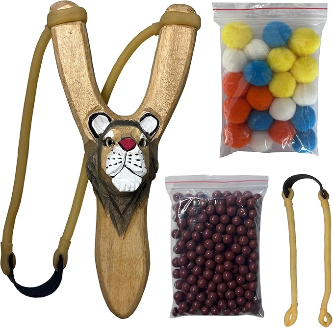 LANJAY Handmade Solid Slingshot with Personalized Carvings, Clay Balls & Pompoms, for Indoor/Outdoor Games, Hunting, Suitable for Adults & Kids