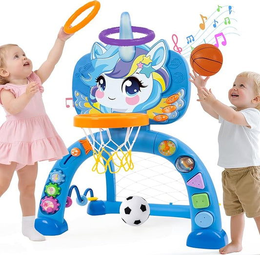 Unicorn Sports Play Set for Toddlers – Blue Basketball Hoop & Soccer Goal with Ring Toss | Indoor Outdoor Activity Center Toy for 1-3 Year Old Boys Girls | Birthday Gift Idea
