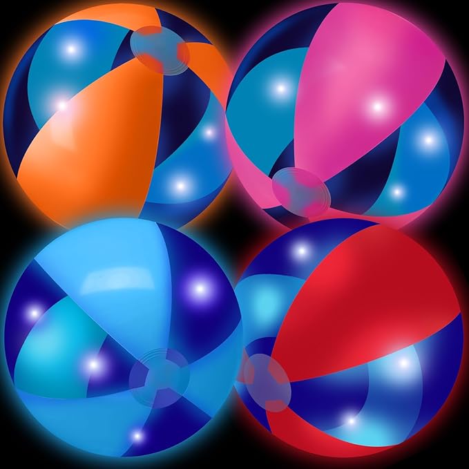 4 Pcs Light up Beach Balls 16'' Jumbo Pool LED Balls Glow in the Dark Neon Giant Inflatable for Summer Hawaiian Tropical Theme Beach Party Decor Water Accessory (Colorful)