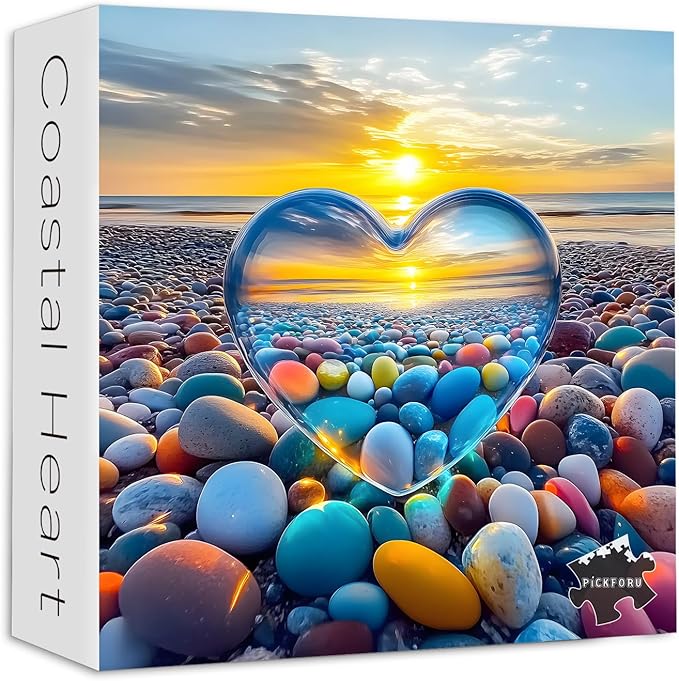 Crystal Heart Puzzles for Adults 1000 Pieces, PICKFORU Colorful Summer Beach Sunset Jigsaw Puzzles, Difficult Love Cobblestone Theme as Home Decor