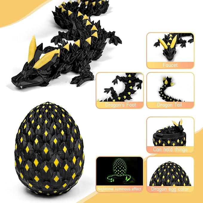 3D Printed Dragon Egg,Dragon Eggs Glow in with Dragon Inside Dark Articulated Animals Fidget Toy,Home Office Decor Executive Desk Toys for Autism/ADHD (Luminous Yellow)