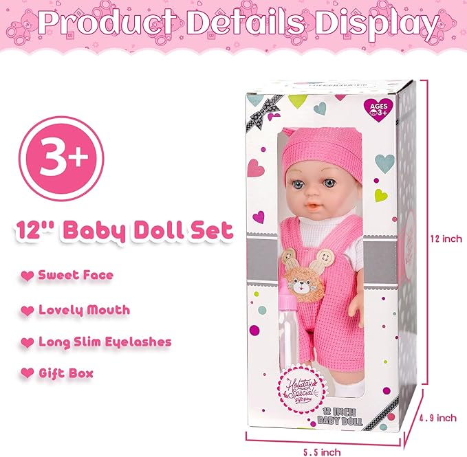 12" Baby Doll With Bear Pattern Backpack Carrier In Gift Box,12 Inch Realistic Baby Dolls With Clothes And Accessories Hanky Pacifier Bottle Pretend Baby Care Toy Collection For Child Toddler 3+ Gifts