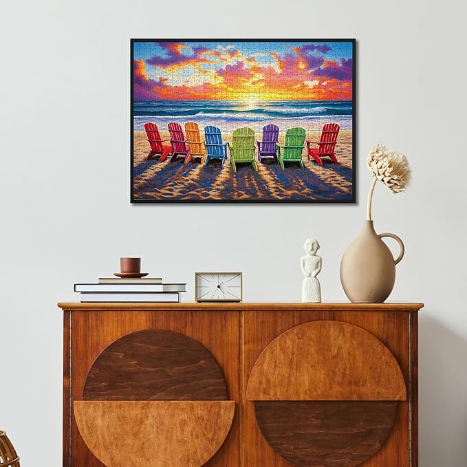 Beach Puzzles for Adults 1000 Pieces - Colorful Puzzles Beach Lounge Chair Scene, Summer Jigsaw Puzzle with Letters on Back, Challenging Hard Difficult Sunset Landscape Puzzle as Home Coast Art Decor