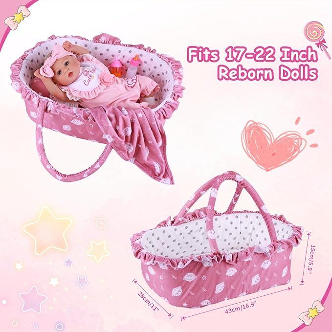 BABESIDE 10 Pcs Reborn Baby Doll Clothes and Accessories Set with Bassinet for 17-22 Inch Dolls, Baby Doll Accessories with Bottles Pacifier for Newborn Dolls Girls, Pink & Bean Paste Color