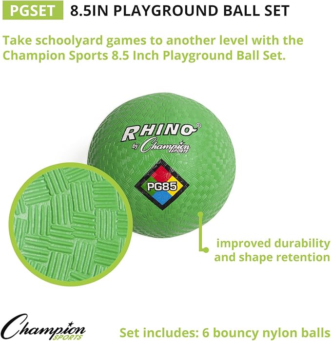 Champion Sports Rhino Playground Ball Set, 8.5"D -Two-Ply, Nylon Wound - Set of 6 Colors