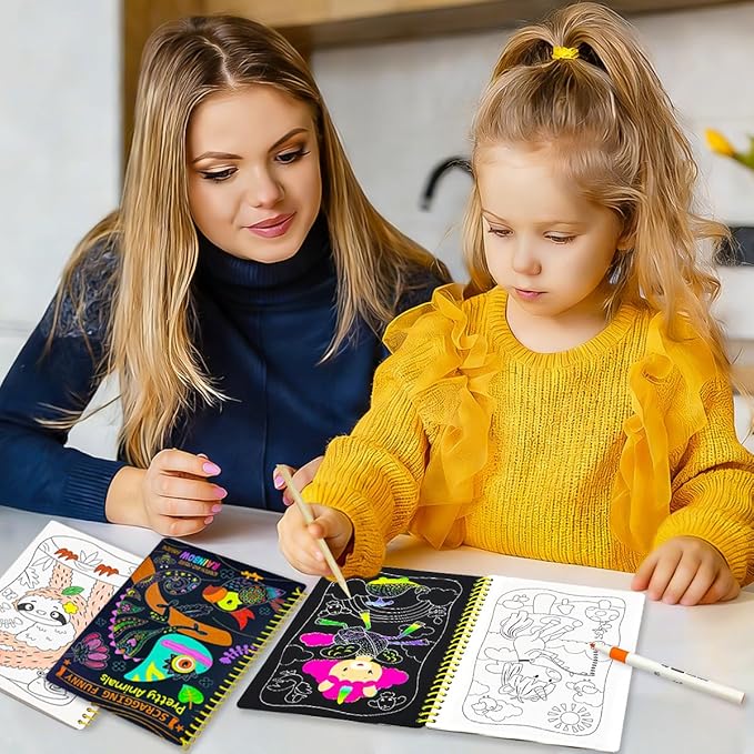 JUNQIU Easter Basket Stuffers, 2 Pack Animal & Unicorn Scratch Art for Kids, Rainbow Scratch Paper Art Notebook, Arts and Crafts for Boys Girls, Birthday Gifts Party Games