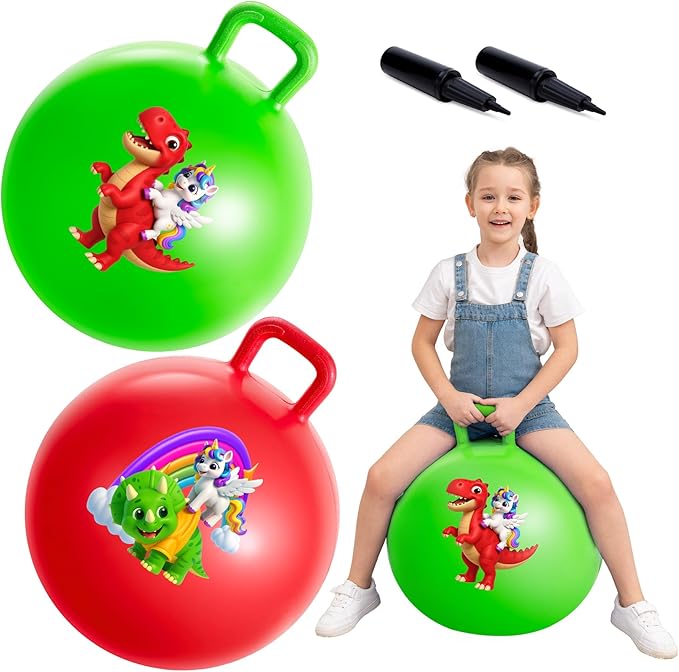 ZOOJOY Hopper Ball 2 Pack, 18 in Bouncy Ball with Handle for Kids, Unicorn & Dinosaur Girls Boys Toys, Best Inflatable Active Play Toys Gifts for 3 4 5 6 7 8 Yr Old Girls Boys