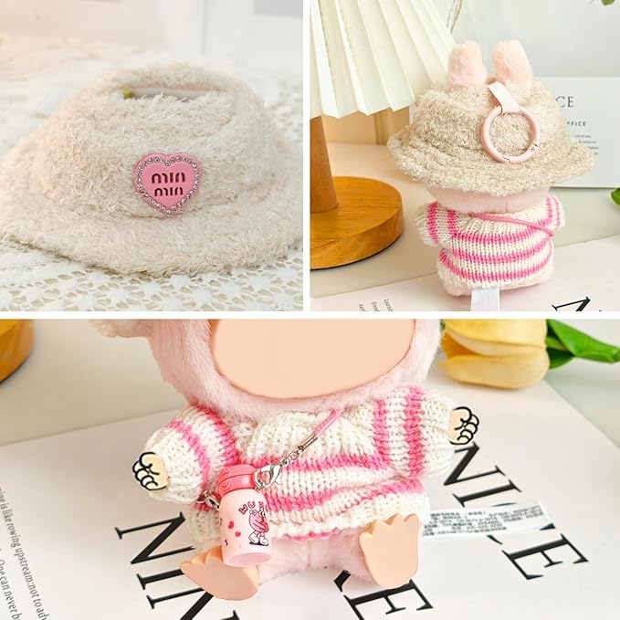 Doll Clothes for 17cm lububu, Designer Outfit Set with Hot Pink Hand-Crocheted Sweater , Hat & Mini Water Bottle Accessories,Cute Ropa Clothing for 15cm Have a Seat 2.0 Series Doll Girl Dress-Up