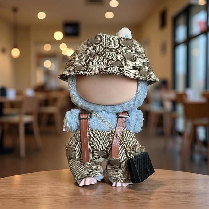 17cm Doll Clothes for lububu ，Clothes Suitable for lububu Dolls Outfits and Accessories Set，Including cl othes + hat + Bag - Brown Doll Clothing Set，Doll not Included (COFFEE2)