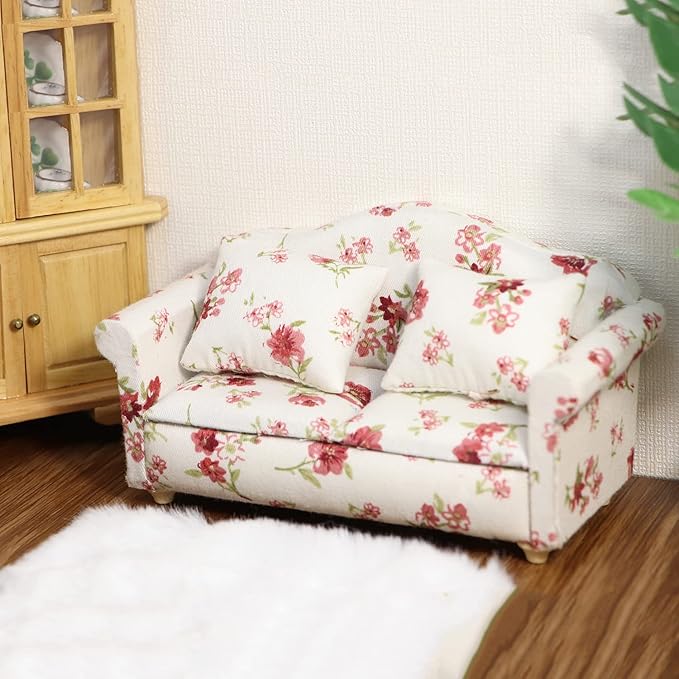 Dollhouse Couch Miniature Sofa with Pillows Dollhouse Living Room Funiture 1:12 Model 3 Pcs High Simulation Upholstered Armchair Mini Room Artificial House Scene Decoration (White Floral)