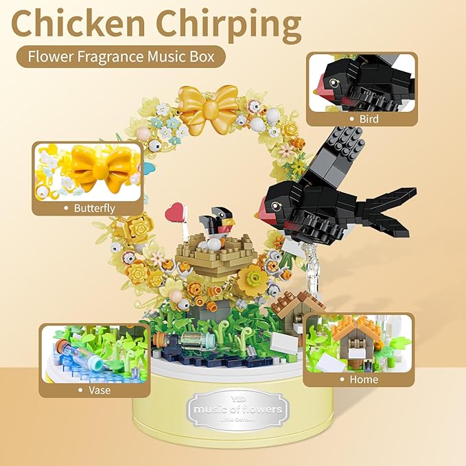 DIY Garden Toy Kit for Kids, Bird-Shaped Flower Building Set, Educational STEM Gift for Girls Boys Age 8+, Rotating Music Box Craft, Birthday Present Home Decor (Yellow
