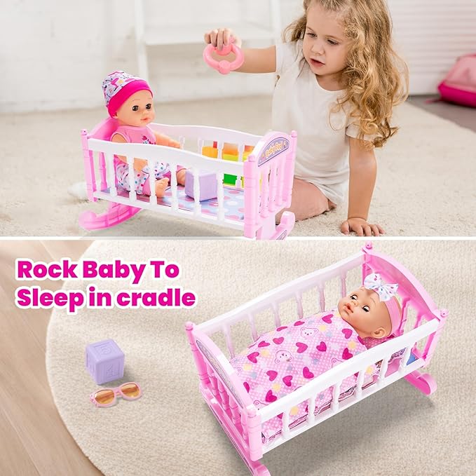 Baby Doll Stroller Play Set with 12.5" Baby Dolls, 28 Pcs Pretend Role Play Doll Accessories Including Crib, Dining Chair, Doll Clothes, Sunglass, Handbag for Girls Toddlers 3-5 4-6 5-7