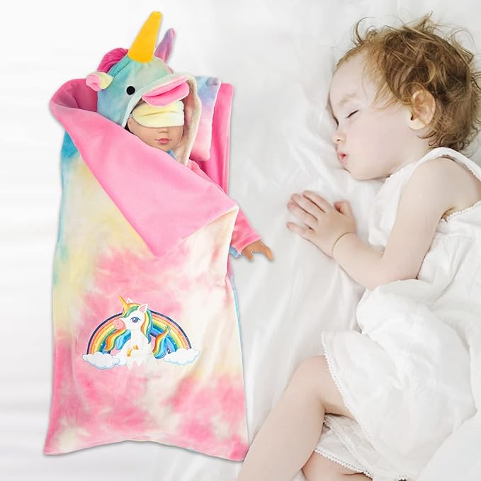 XFEYUE American 18 inch Doll Clothes and Sleeping Bag Set - Rainbow Unicorn Doll Costume with Unicorn Style Sleeping Bag, Pillow, Eye Mask Slumber Party Accessories Fits 18 Inch (NO Dolls)