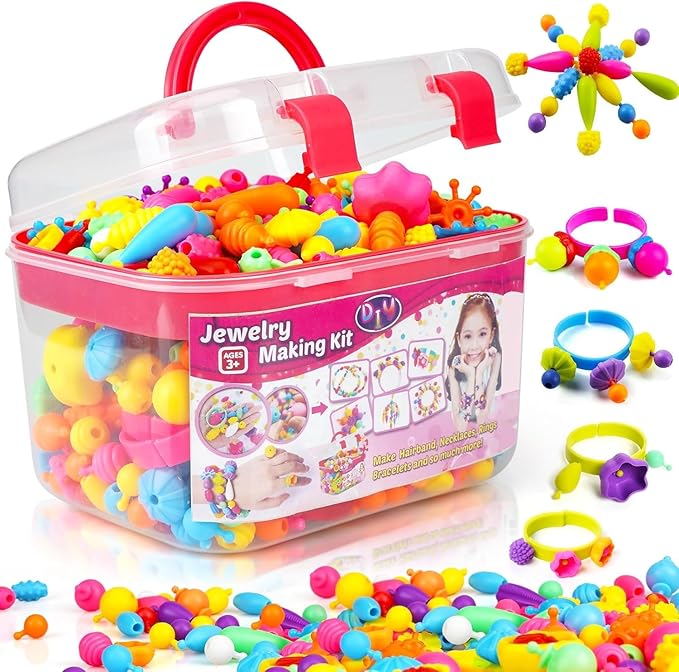 FUNZBO 520+ Snap Pop Beads - Jewelry Making Kit, Arts and Crafts for Kids Ages 4-8, Toys for 3 4 5 6 Years Old Girls Birthday Gifts Ideas, Bracelet Necklace Ring Set for Girls, Easter Basket Stuffers
