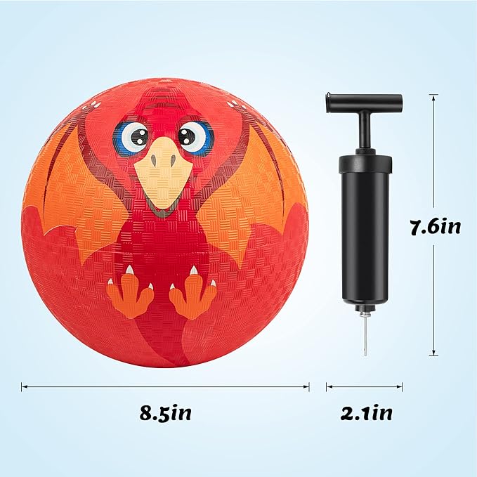 Kickball for Kids and Toddlers 1-3, 2 Pack Big 8.5 Inch Rubber Balls for Playground, Outdoor Bouncing Balls w/Pump and Dinosaur Themed Drawstring Bags, Child Ball Gift for Boys Girls