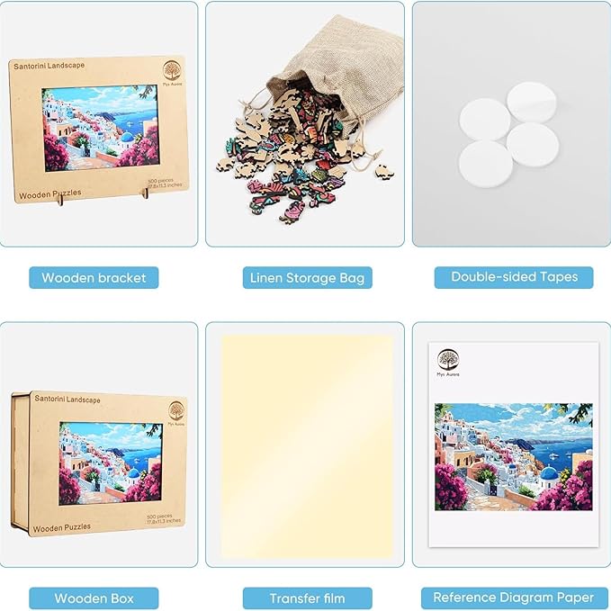 Mys Aurora 500 Pieces Puzzles for Adults, Santorini Wooden Puzzles, Unique Shaped Jigsaw Puzzle Birthday Scenery Gift Challenging Family Game for Kids and Adults 17.8 * 11.3 inch