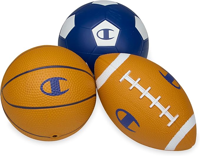 Champion All-Weather Mini Sports Balls (Pack of 3, Red/White/Blue), Rubber & PVC-Cover Soccer, Basketball & Football, Durable Construction for Backyard, Playground, School, and Indoor Play