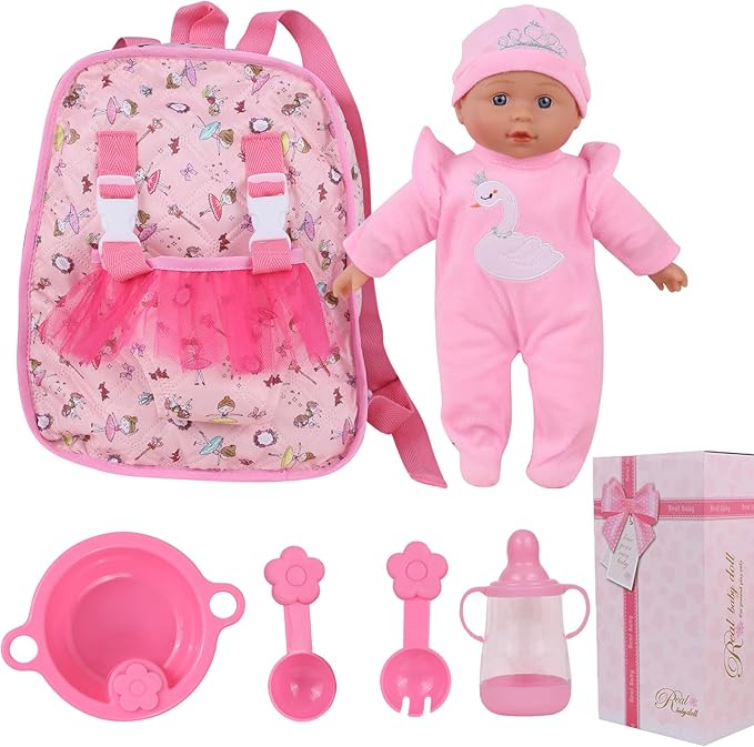 13" Soft Baby Doll with Take Along Pink Doll Backpack Carrier, 6 Piece Play Set with Bottle & Accessories(Pink)