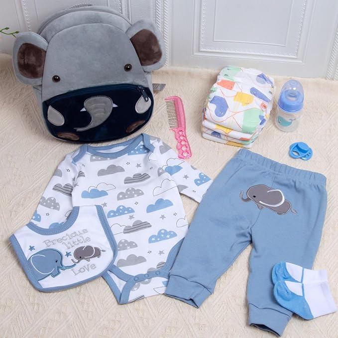 12Pcs Reborn Baby Doll Accessories Set 17-22 Inch Boy Clothes with Backpack Blue Elephant Outfits Reborn Baby Dolls Clothes Diapers Bag Design