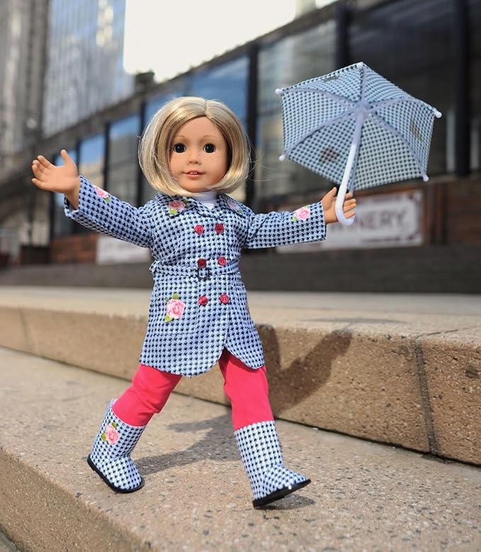 Emily Rose 18-inch Doll Raincoat Set 5-PC - Complete Rainy Day Outfit with Working Umbrella & Boots | American Girl Compatible | USA Brand