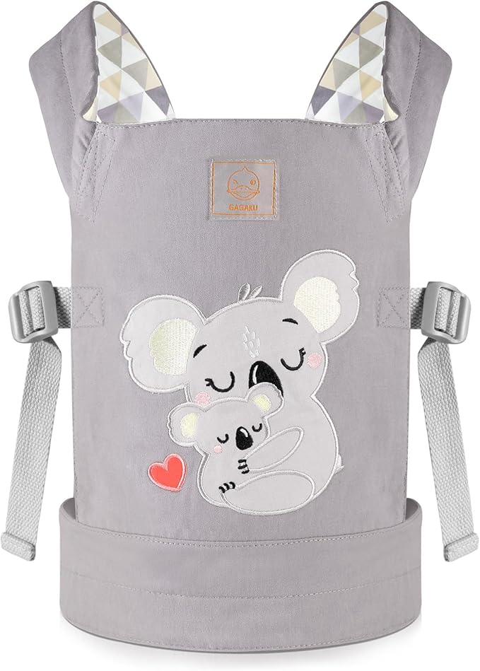GAGAKU Doll Carrier for Kids Toy Baby Carrier Reborn Doll Carrier with Adjustable Straps for Stuffed Animal American Girl Doll Bitty Baby Doll Accessories - Gray - Embroidered Koala (GGKDC1705)