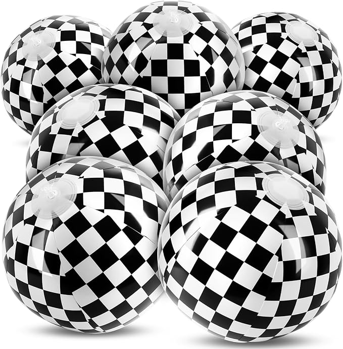 8PCS Race Car Checkered Flag Beach Ball Set – 8" Vibrant Black & White Themed Beach Balls for Kids’ Racing Birthday Parties, Summer Pool Games, End of Year Class Decorations, Bulk Party Favors