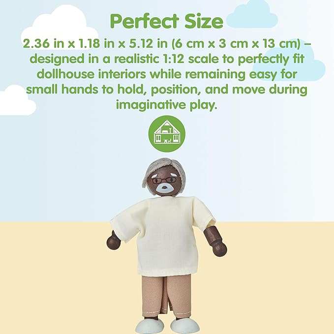PlanToys® Grandfather Wooden Dollhouse Figurine | Poseable 1:12 Scale Mini Doll (Dark Skin Tone, 5 Inch) | Dollhouse Accessories for Pretend Play | Eco-Friendly Montessori Toy for Kids Ages 3+