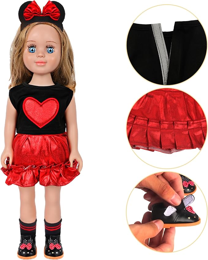 MSYO 18 Inch Doll Clothes & Accessories Set,Black Red Heart Top & Metallic Red Skirt Outfit with Mouse Ears Headband,Sunglasses,Socks,Shoes,Choker,Fits 16-18 Inch Baby Dolls(Red)