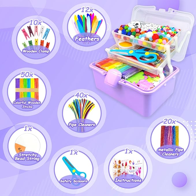 3000 Arts and Crafts Supplies for Kids Craft Kit Craft Box with Pipe Cleaners Arts and Crafts for Kids Age 4-6, 6-8, 8-12 DIY School Supplies Materials Set Toys Gifts for Girls Boys Toddlers, Purple