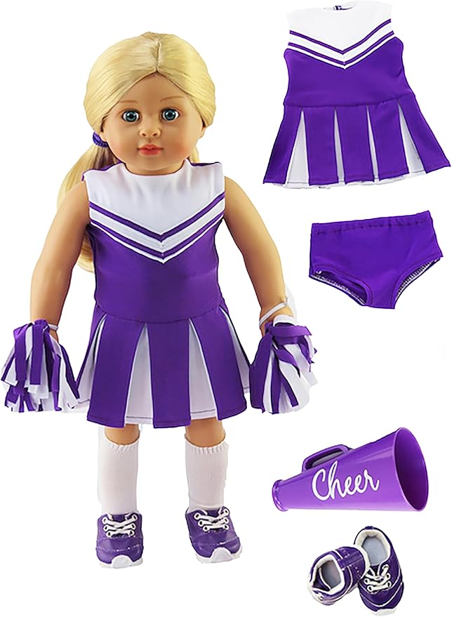 American Fashion World Purple Cheerleading Outfit for 18-Inch Dolls | Accessories Included | Premium Quality & Trendy Design |