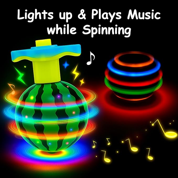 Fruit Spinning Tops for Kids, Stocking Stuffers & White Elephant Exchange Toys – 4 Pack Fruit-Themed Light-Up Toys with Music for Boys & Girls Toddlers