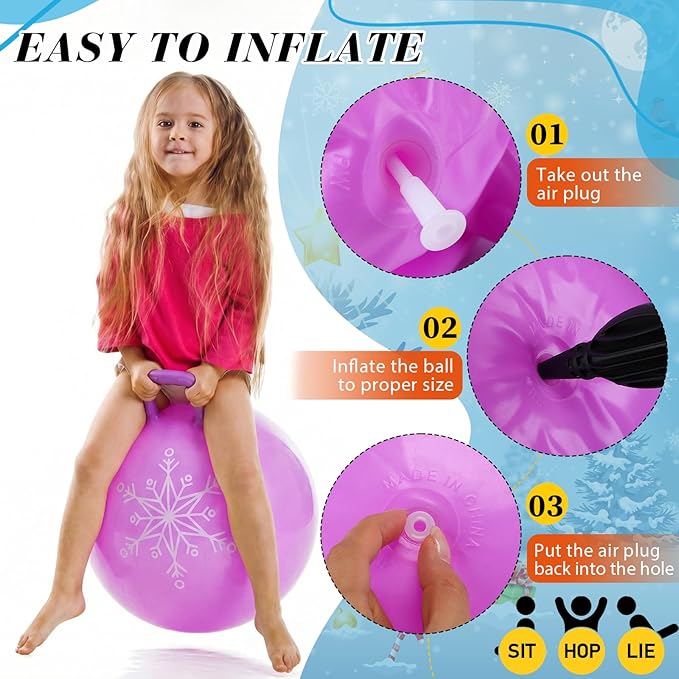 Sratte 6pcs 18 Inch Bouncy Hopper Ball with Handle Christmas Snowflake Bouncing Balls Blue Purple Pink Hopping Toys Inflatable Jumping Toy for Sport Boys Girls Gifts Winter Party Favors