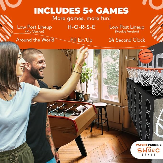 Swooc Games - Low Post Lineup™ | Wall Mounted Giant Basketball 4 In A Row w/ 5+ Games | Basketball Hoop For Room Wall Games | Game Room Games | Mini Basketball Hoop Indoor Connect | Four In A Row Game