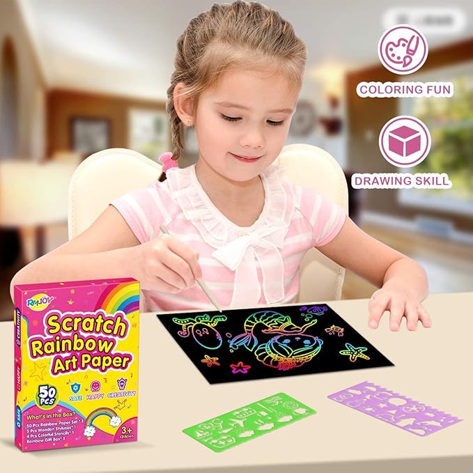 Rainbow Scratch Paper Art for Kids: 50PCS Magic Arts Crafts Gifts Toys for Girls Boys Ages 3-12 Games Activities for Birthday Party Family Day Classroom Prizes Easter Basket Stuffers(Girls)