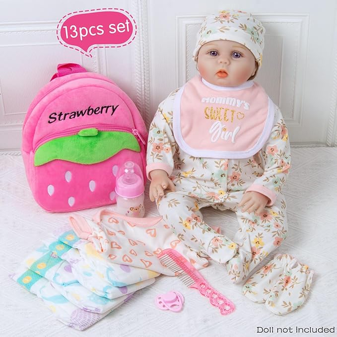 17-22 Inch Reborn Baby Doll Clothes with Backpack Accessories Set 13 Pcs Set, Realistic Baby Doll Outfit Floral Patterns Pink Diapers Bag for Kids