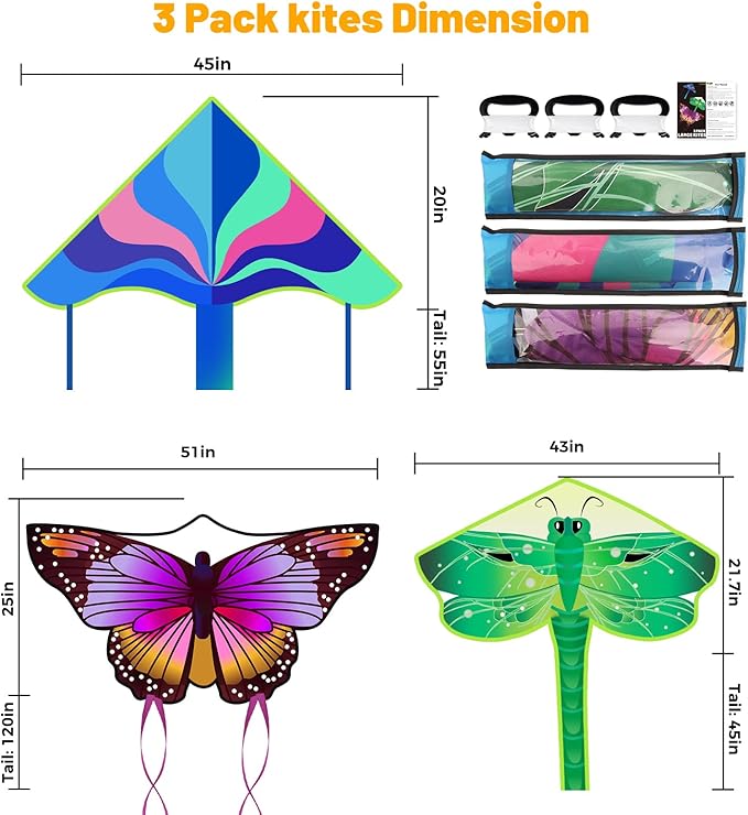 3 Pack Large Kites - Butterfly Delta Dragonfly Kites Easy to Fly for Adults Kids Beach Park Outdoor Game Activities, Gifts for Easter and Festival