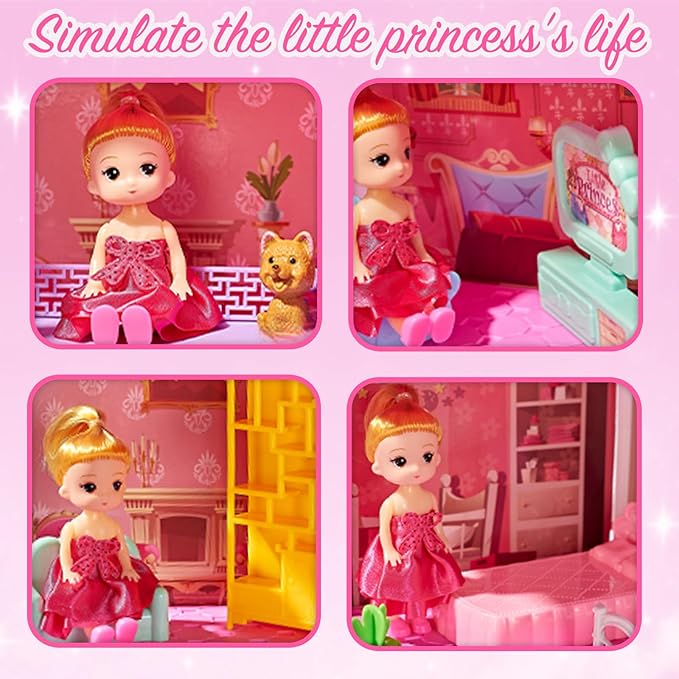 Villa Toys for Girls, 4 Stories 12 Rooms Villa Playhouse with Lights, Doll, Furniture, Bathtub, and Accessories, DIY Pretend Toddlers House kit for 3 4 5 6 7 8 9 10 Year Old Kids