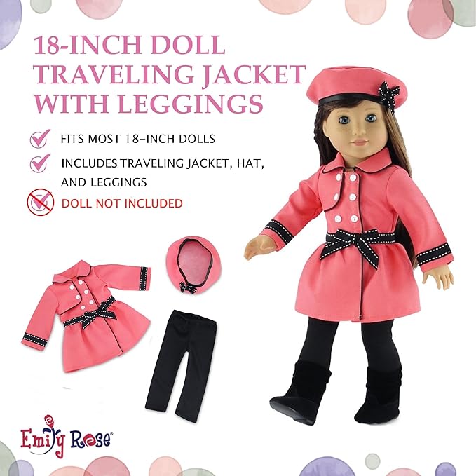 Emily Rose 18" Doll Paris Fashion Bundle - 7-Piece Chic Travel Outfit Set with Coat, Beret Hats, Graphic Tee & Ankle Boots - Gift Boxed French Style Clothes Compatible with American Girl Dolls
