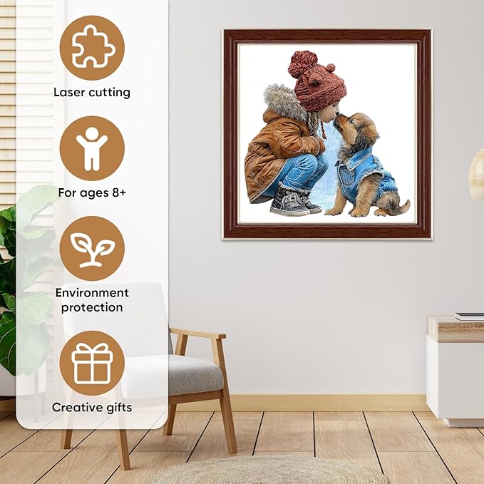 MEATRN Wooden Puzzles for Adults - Little Girl Kissing Puppy, 216 Pcs, 11.4x11.4 in, Cute Animal Wood Jigsaw Puzzle, Heartwarming Parent-Child Game, Birthday Gift for Kids Home Décor