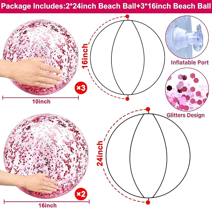 5 Pcs Inflatable Beach Balls, 16 Inch & 24 Inch Large Confetti Glitter Beach Balls, Sequins Clear Blow up Pool Balls Toys for Christmas Party Decorations 2026 New Year Birthday Summer Swimming Pool