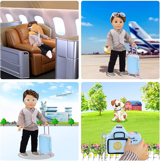 ZITA ELEMENT 22 Pcs 18 Inch Boy Doll Clothes Suitcase Set for 19 Inch Boy Doll Accessories Travel Carrier Storage, Including Suitcase Pillow Blindfold Sunglasses Camera Computer