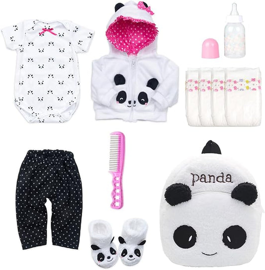 Reborn Baby Dolls Clothes Girl Outfits Accesories Panda 11 Pcs Set for 17-19 Inch Reborn Doll Newborn Girl&Boy with Backpack&Diaper